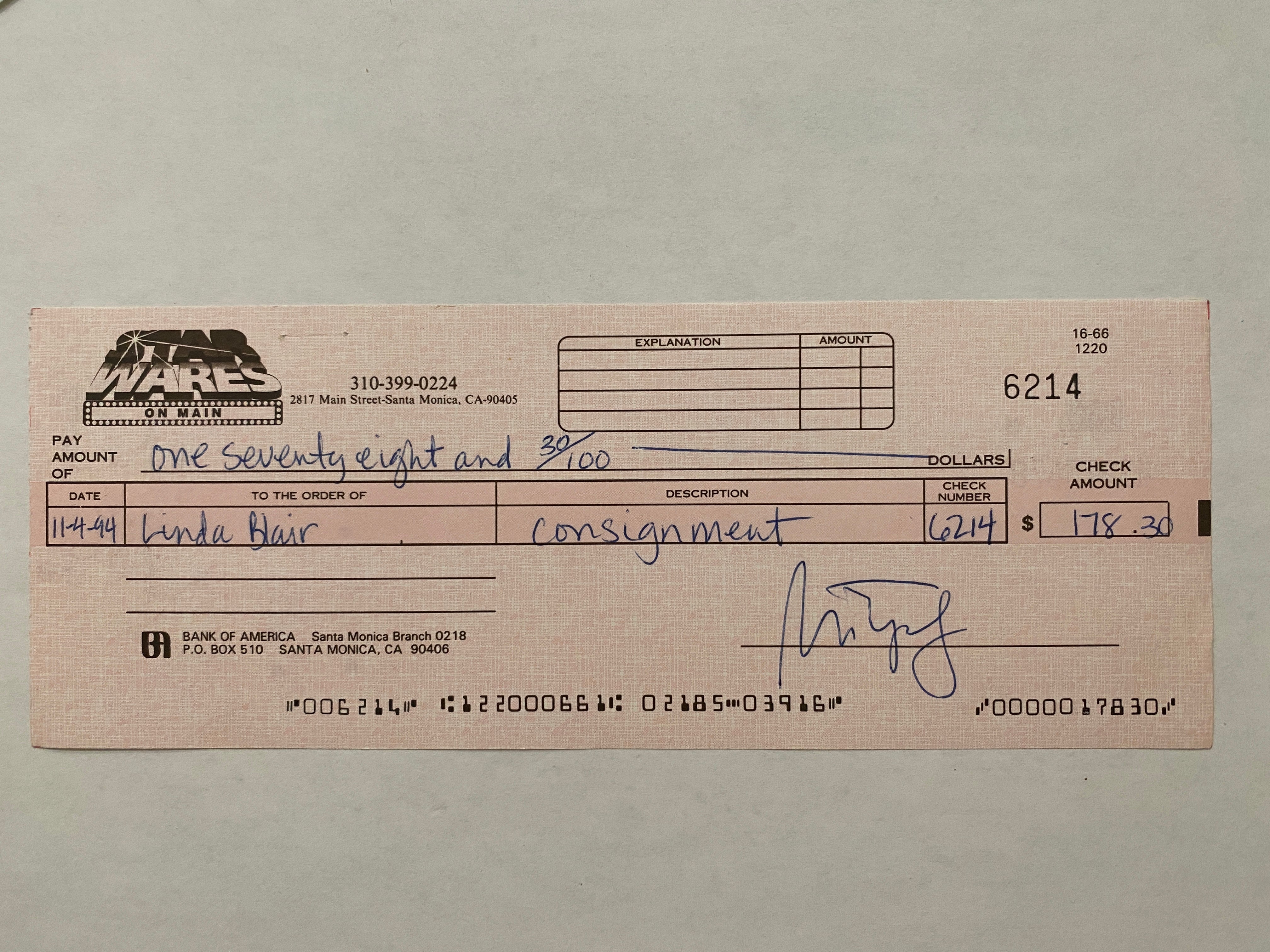 Linda Blair Star Wares consignment signed check