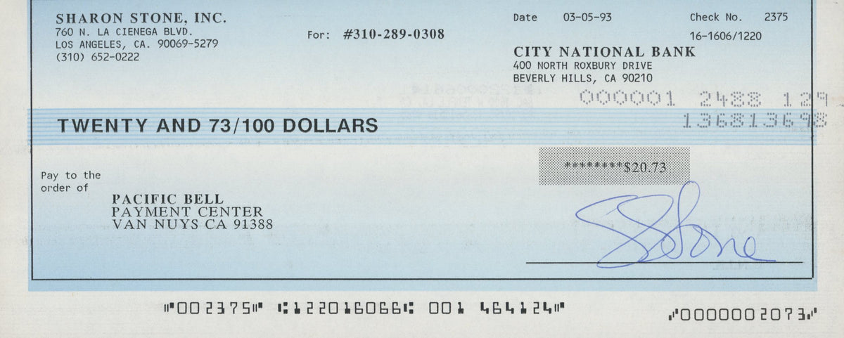 Basic Instinct Sharon Stone signed check
