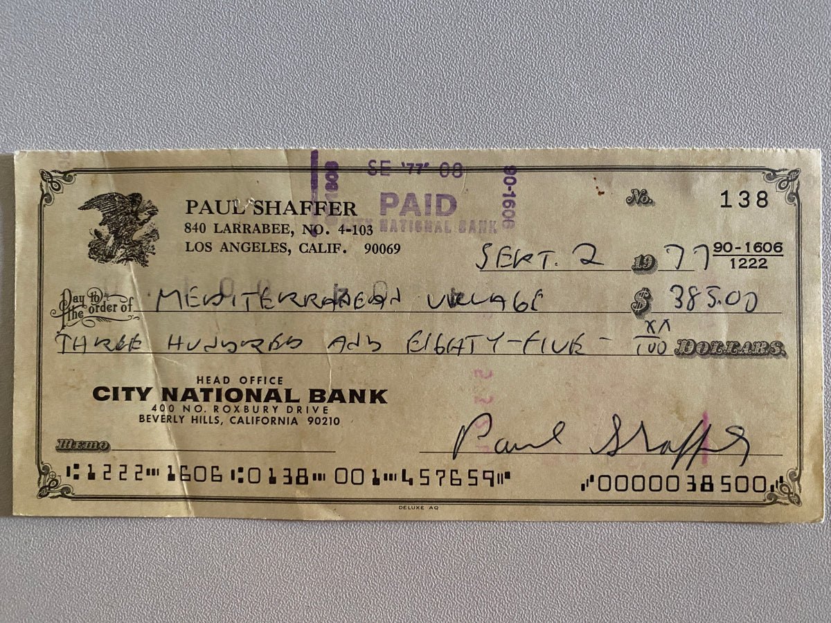 Paul Shaffer signed check