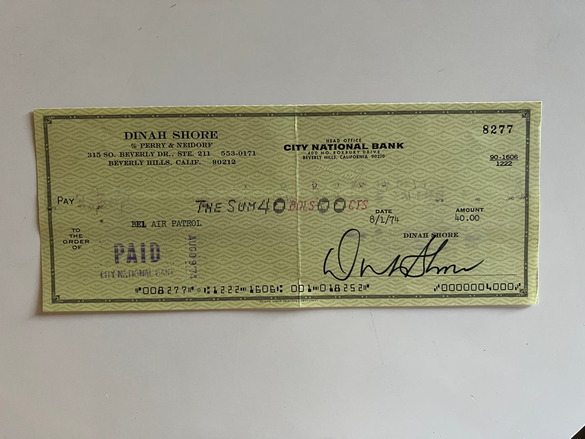 Dinah Shore signed check