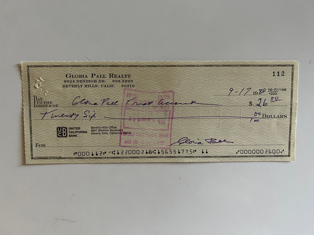 Gloria Pall signed check