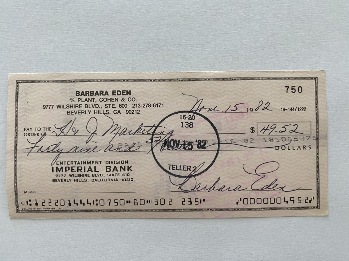 I Dream of Jeanie Barbara Eden signed check