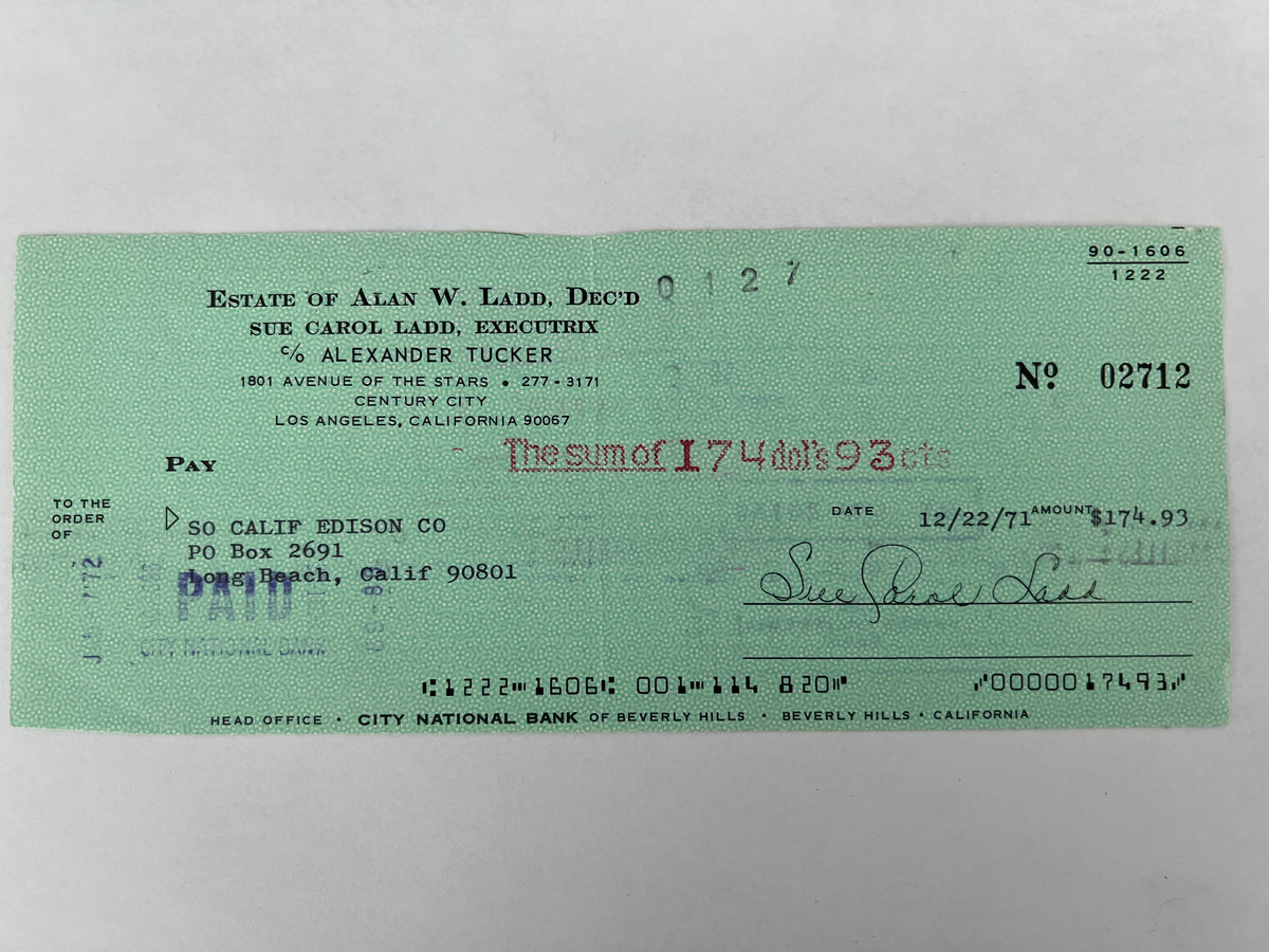 Sue Carol Ladd signed check