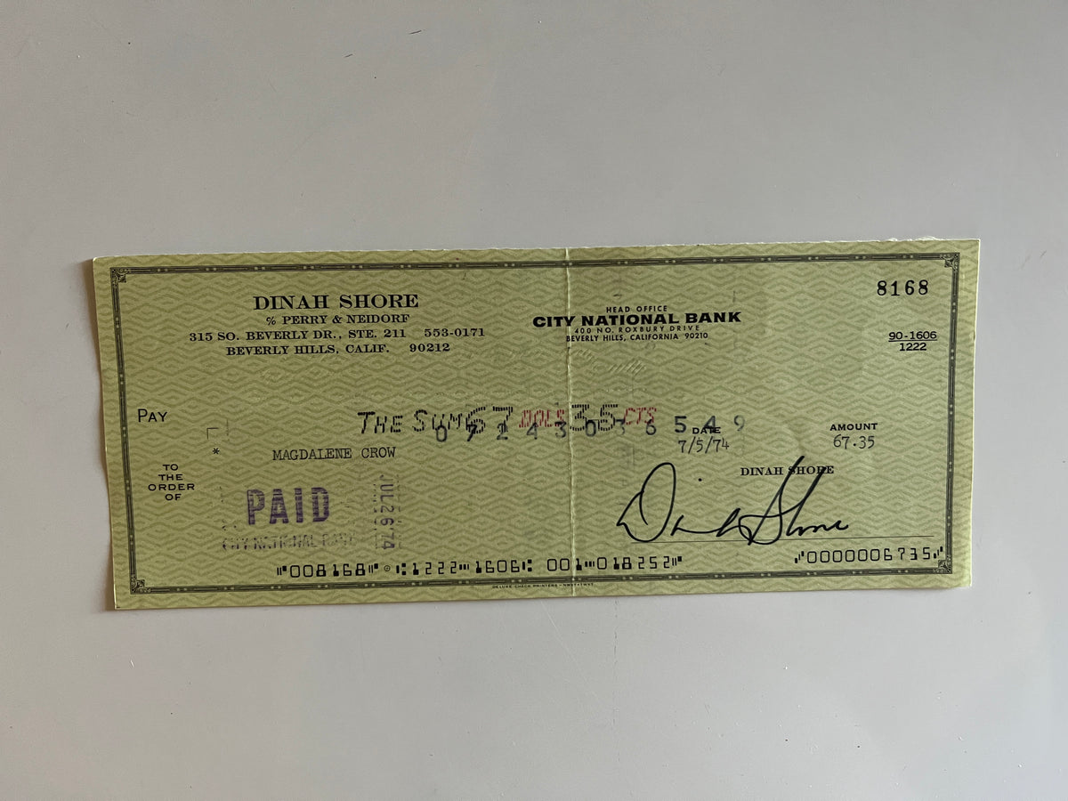 Dinah Shore signed check