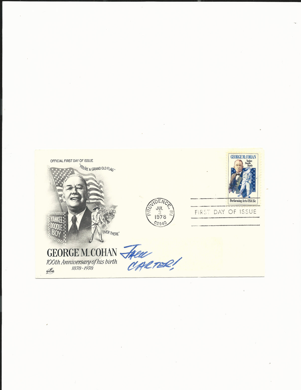 Comedian Jack Carter signed 1978 George M. Cohan  100th Anniversary First Day Cover