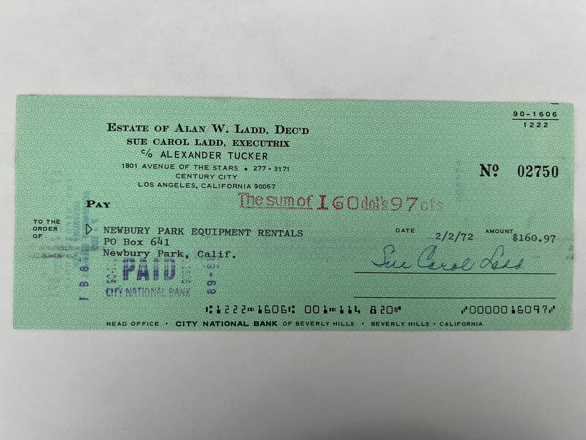 Sue Carol Ladd signed check