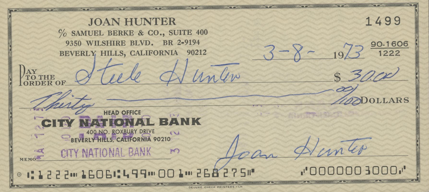 Joan Hunter signed check