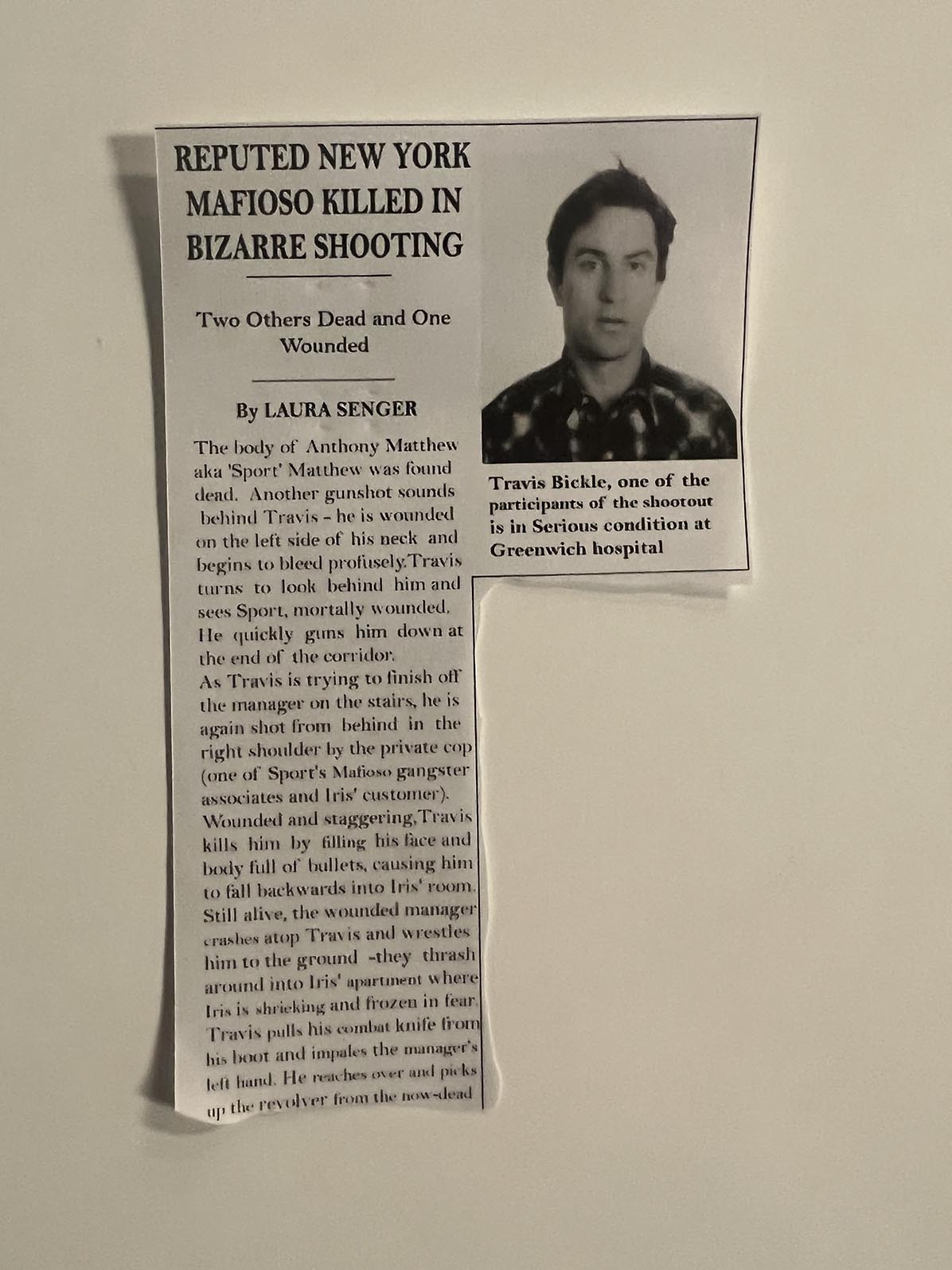 Taxi Driver Matthew "Sport" Higgins prop newspaper clipping