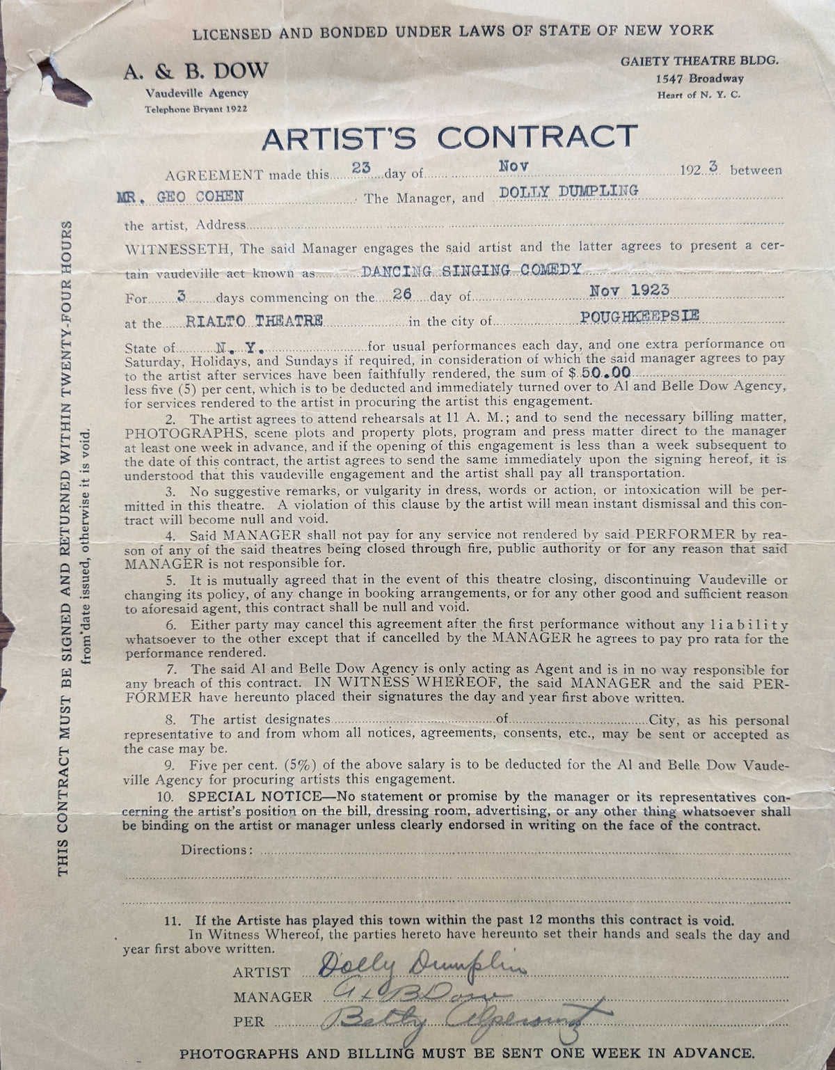 Dolly Dumplin Signed Contract