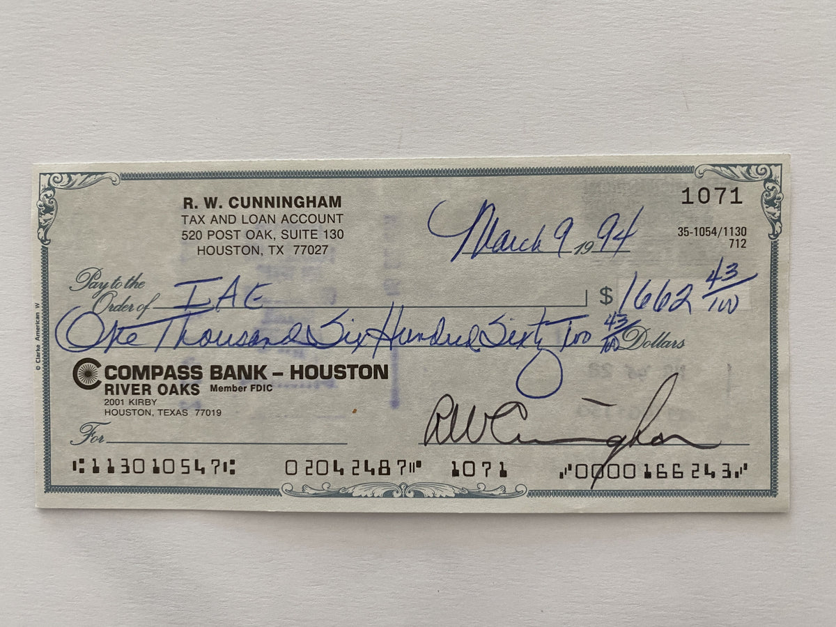 Walter Cunningham signed check