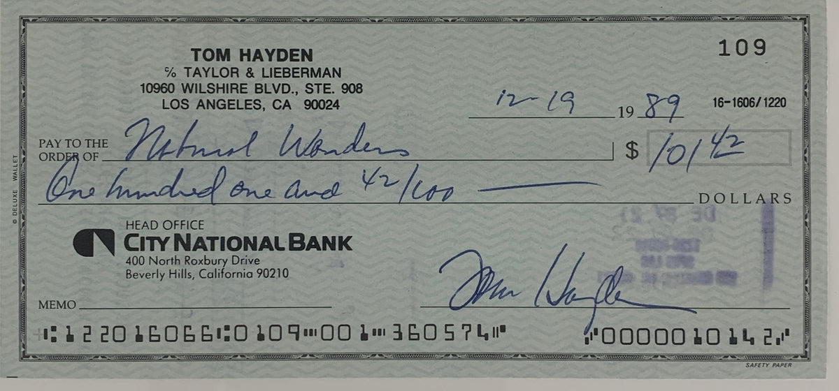 Tom Hayden signed check