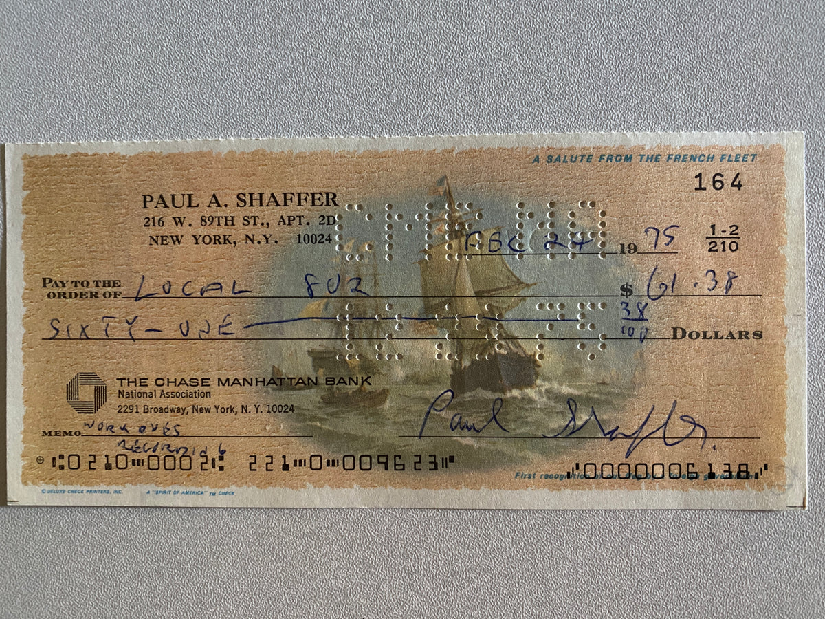 Paul Shaffer signed check