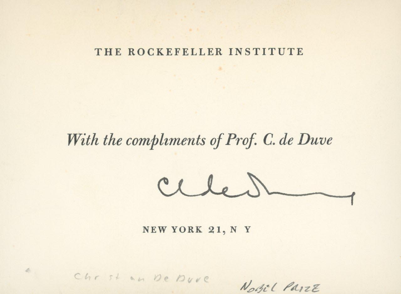 Nobel Prize Winner Christian de Duve signed card