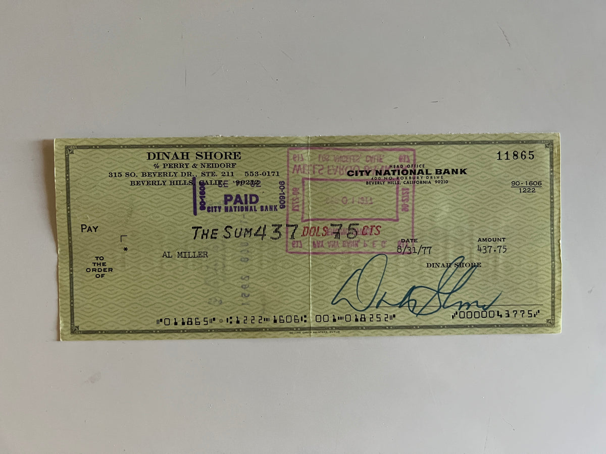 Dinah Shore signed check