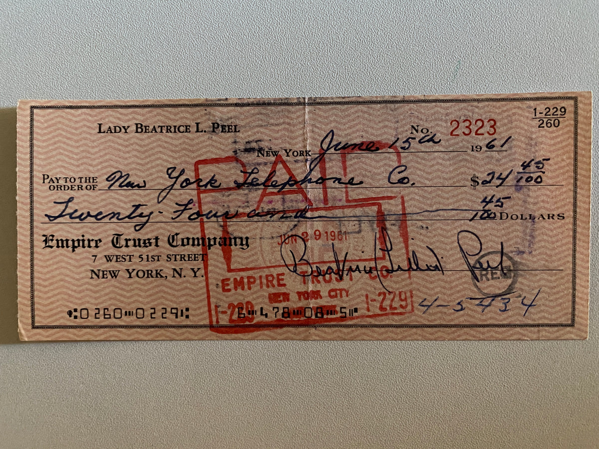 Beatrice Lillie, Lady Peel signed check