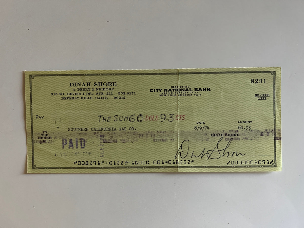 Dinah Shore signed check