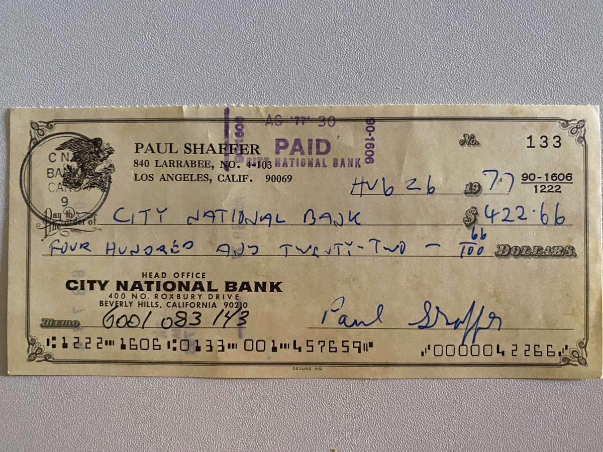 Paul Shaffer signed check