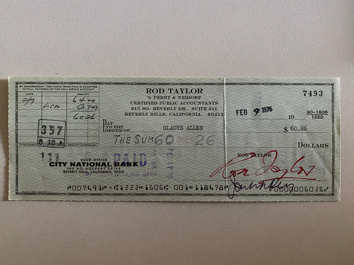 Rod Taylor signed check