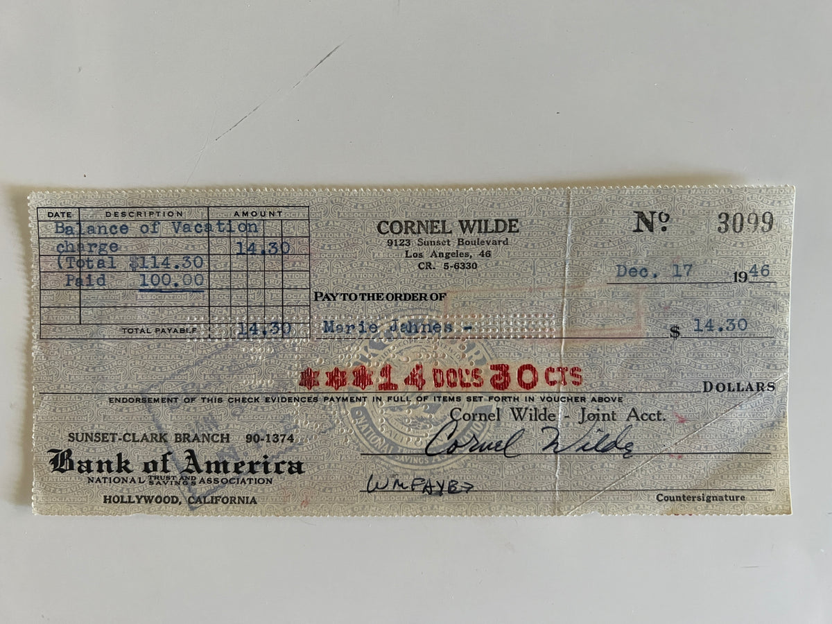Cornel Wilde signed check