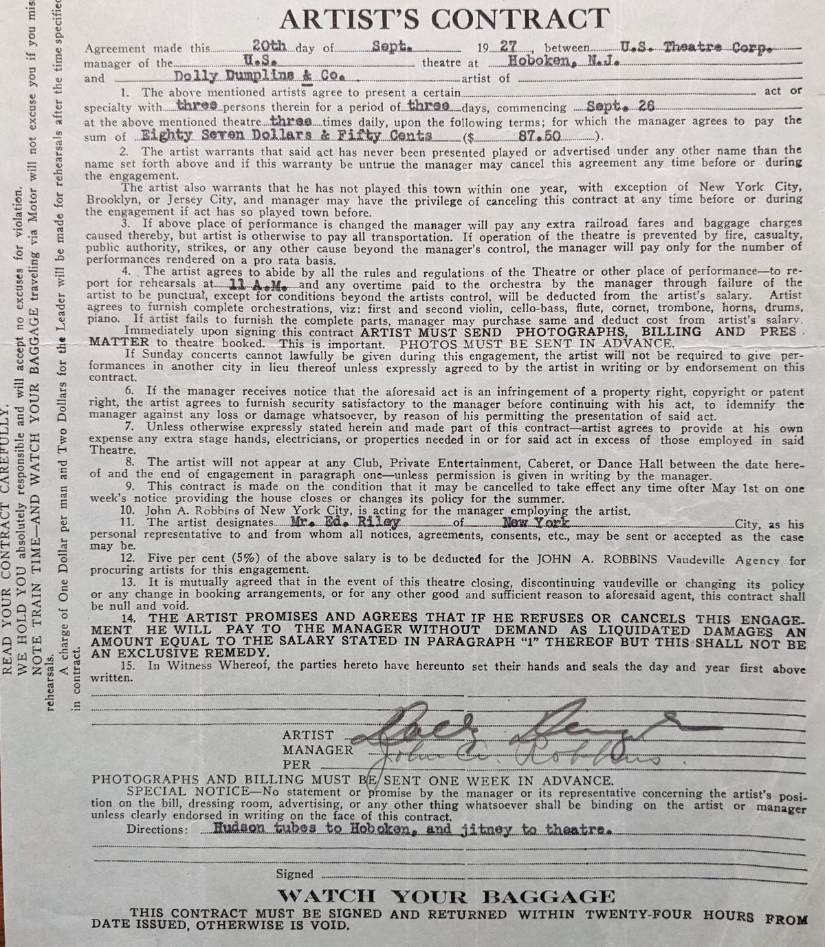 Dolly Dumplin Signed Artists Contract