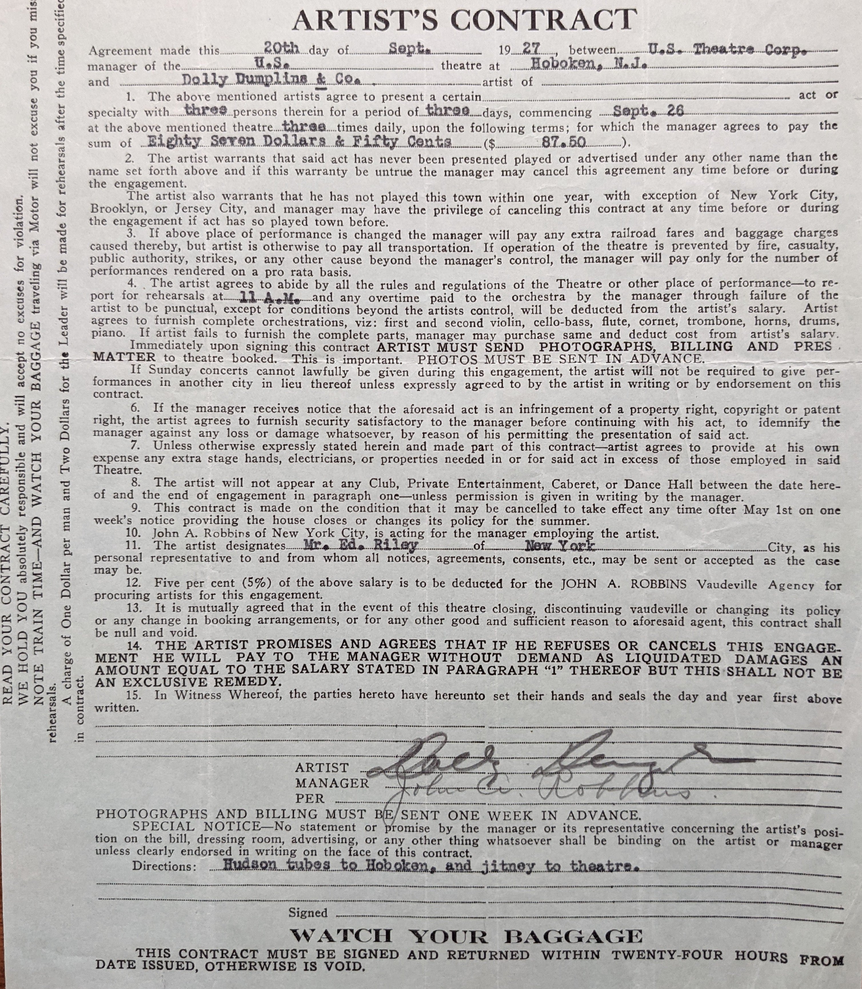 Dolly Dumplin Signed Artists Contract