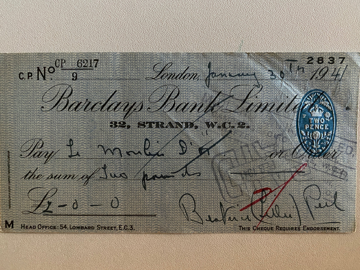 Beatrice Lillie, Lady Peel signed check