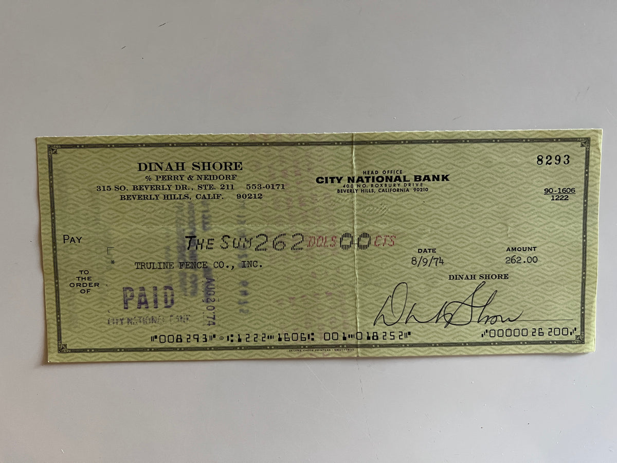 Dinah Shore signed check