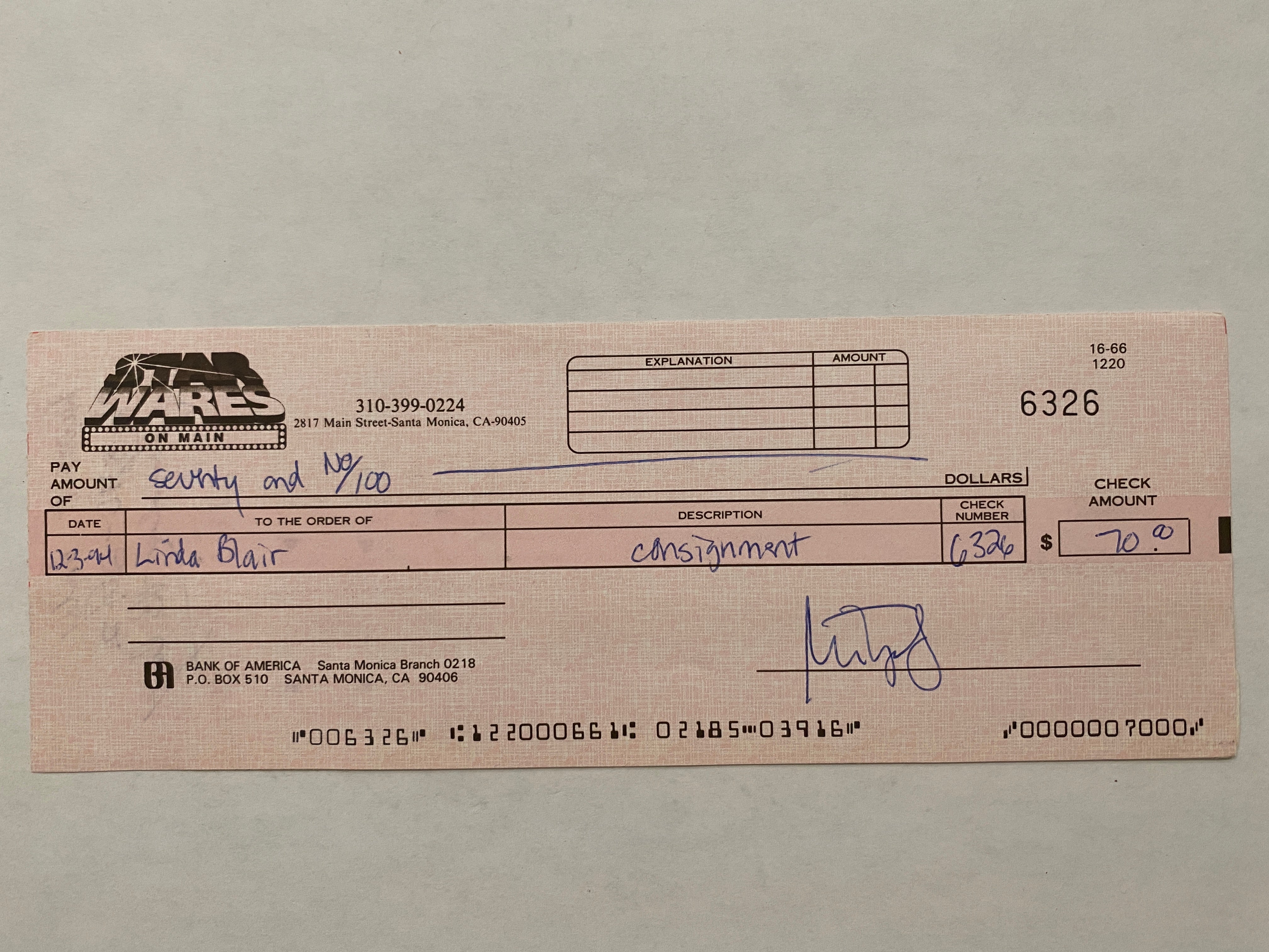Linda Blair Star Wares consignment signed check