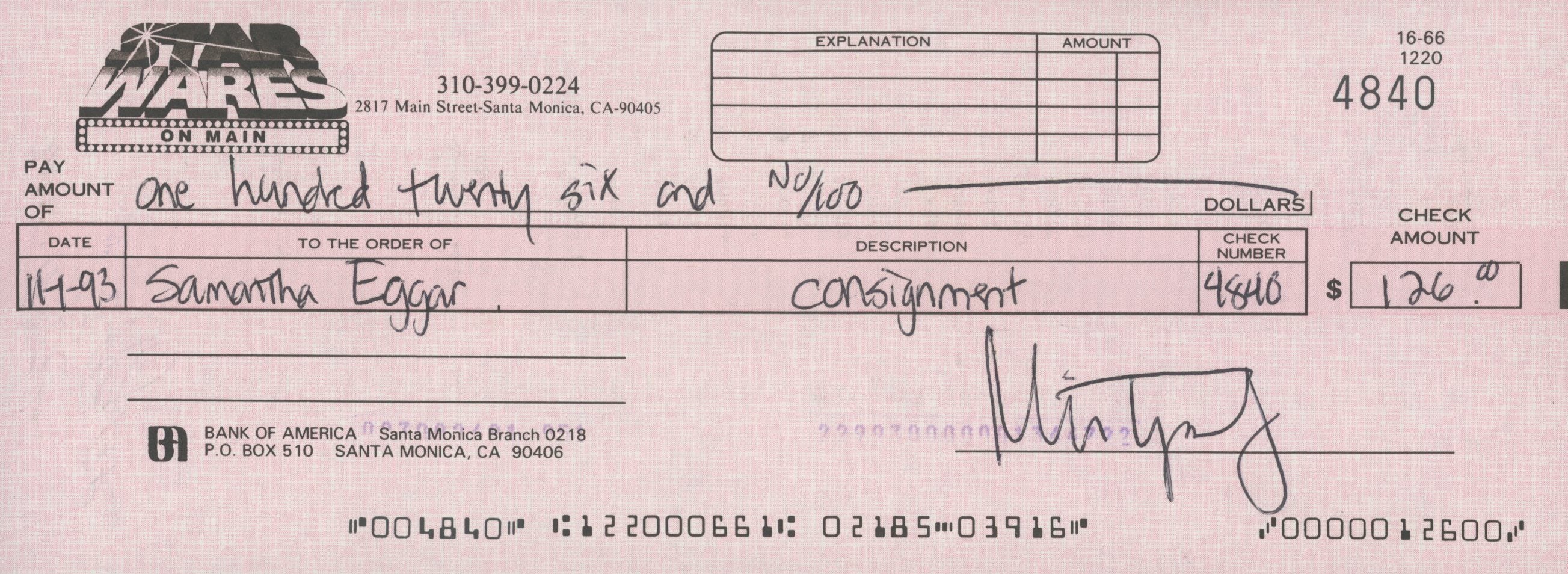 Samantha Eggar signed check