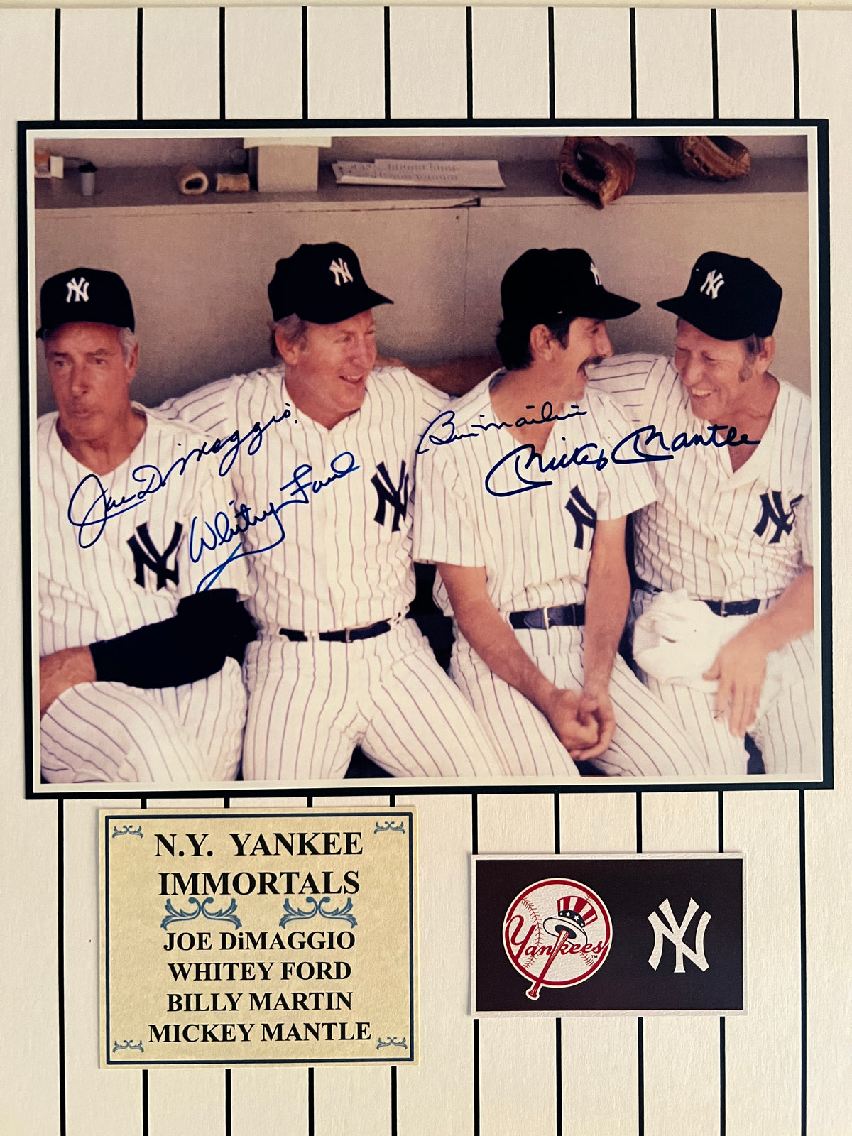 Joe DiMaggio, Whitey Ford, Billy Martin and Mickey Mantle signed photo