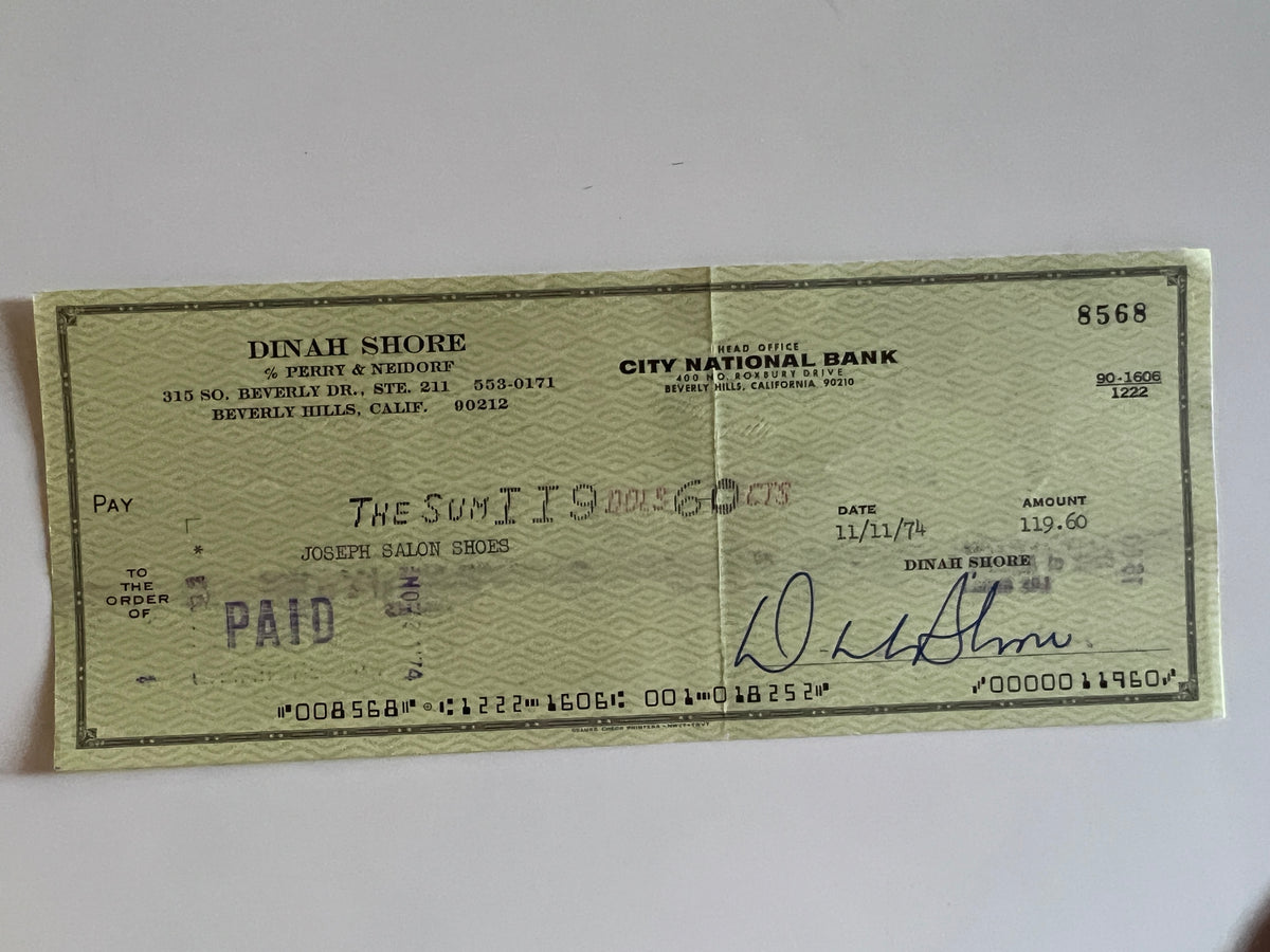 Dinah Shore signed check