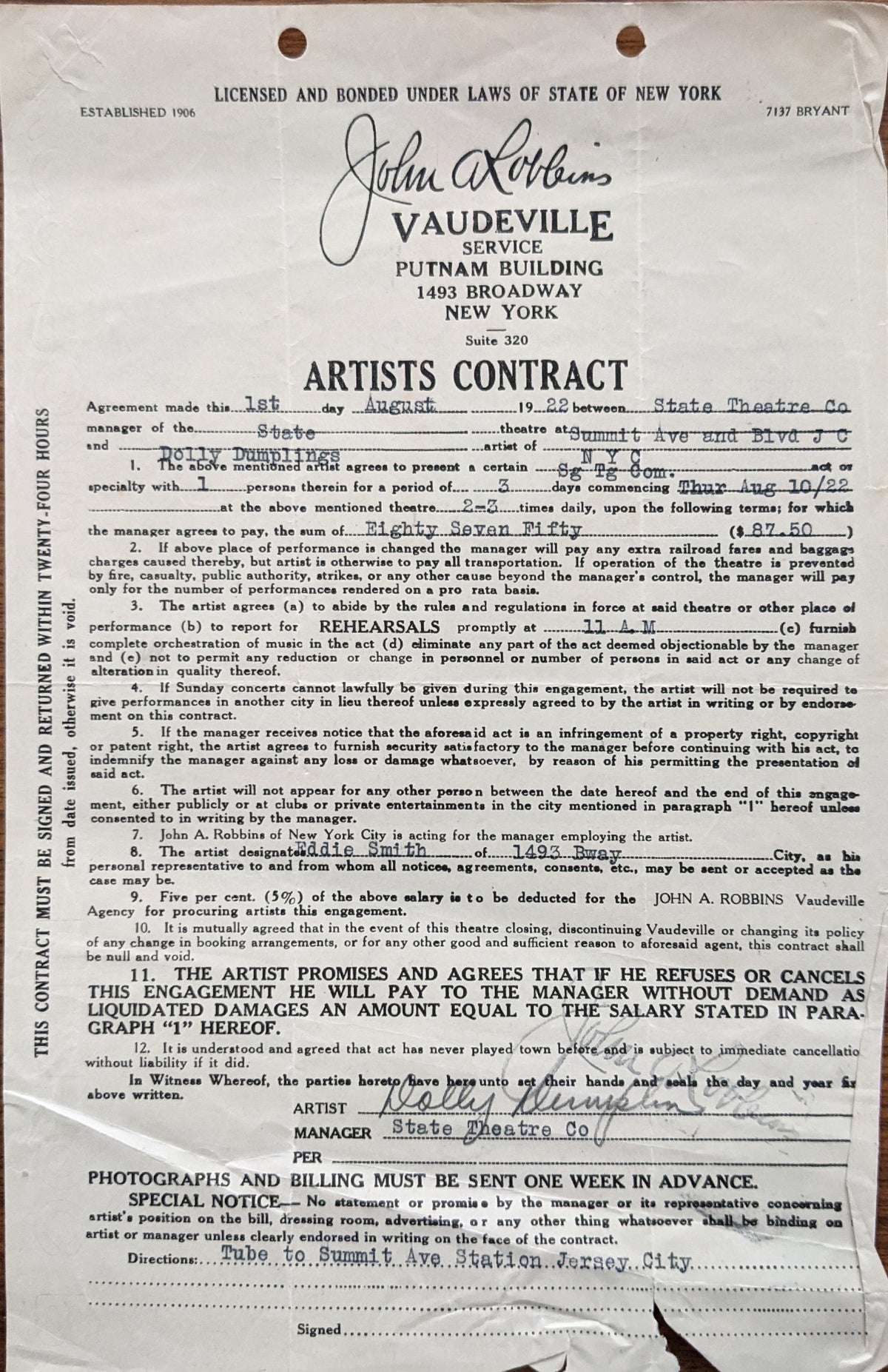 Dolly Dumplin Signed Vaudeville Artists Contract