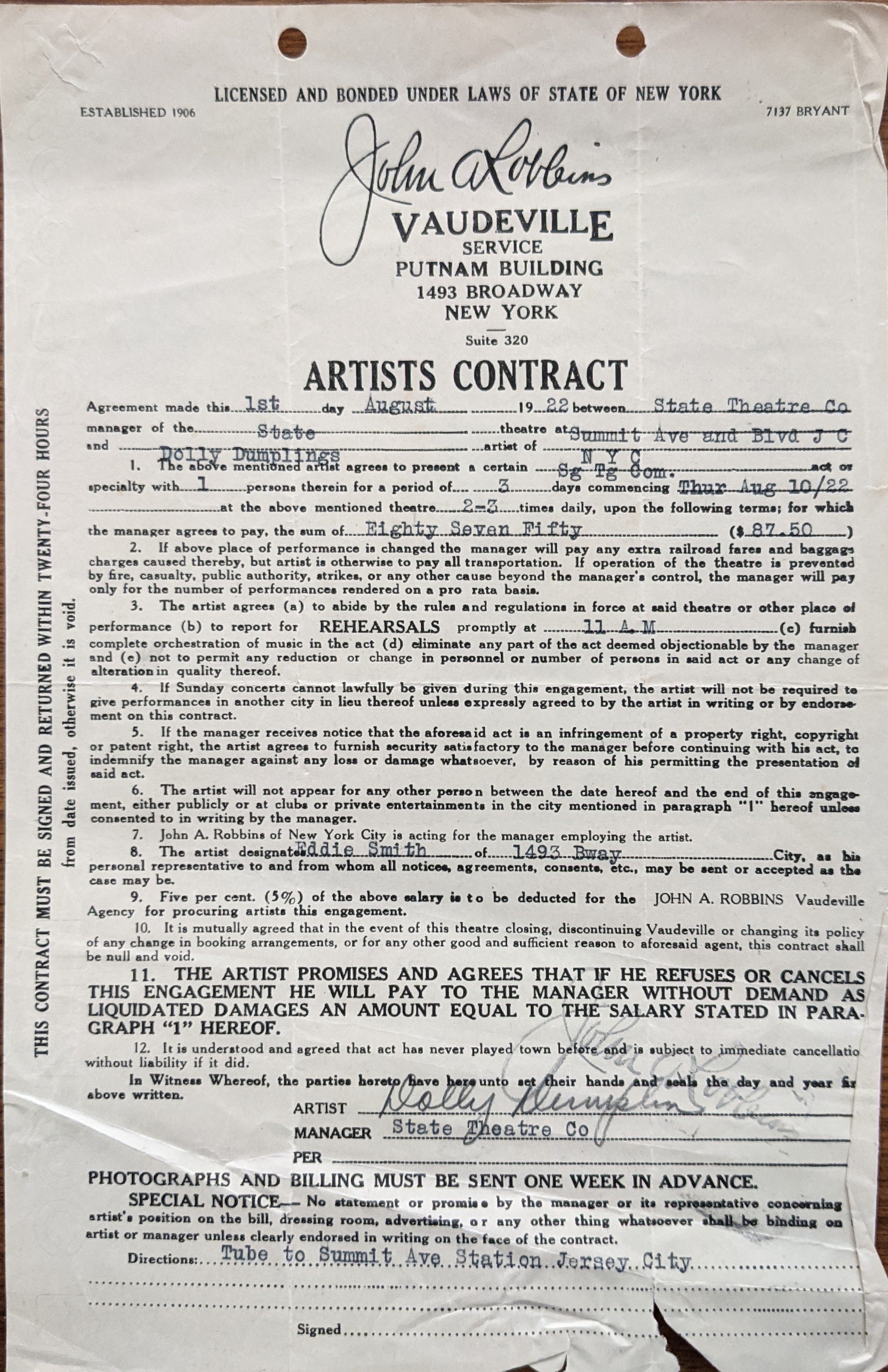 Dolly Dumplin Signed Vaudeville Artists Contract