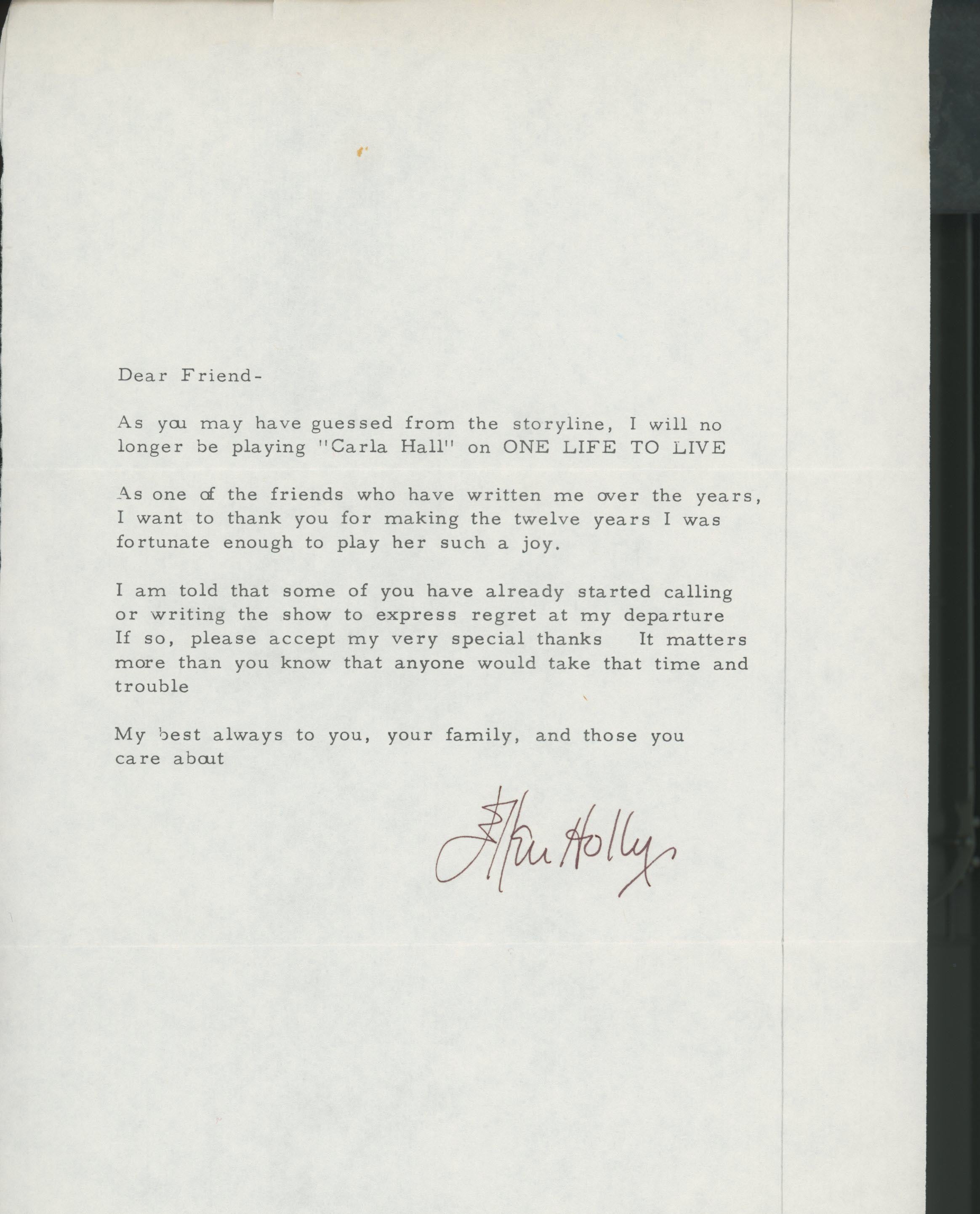 One Life To Live Ellen Holly signed fan letter