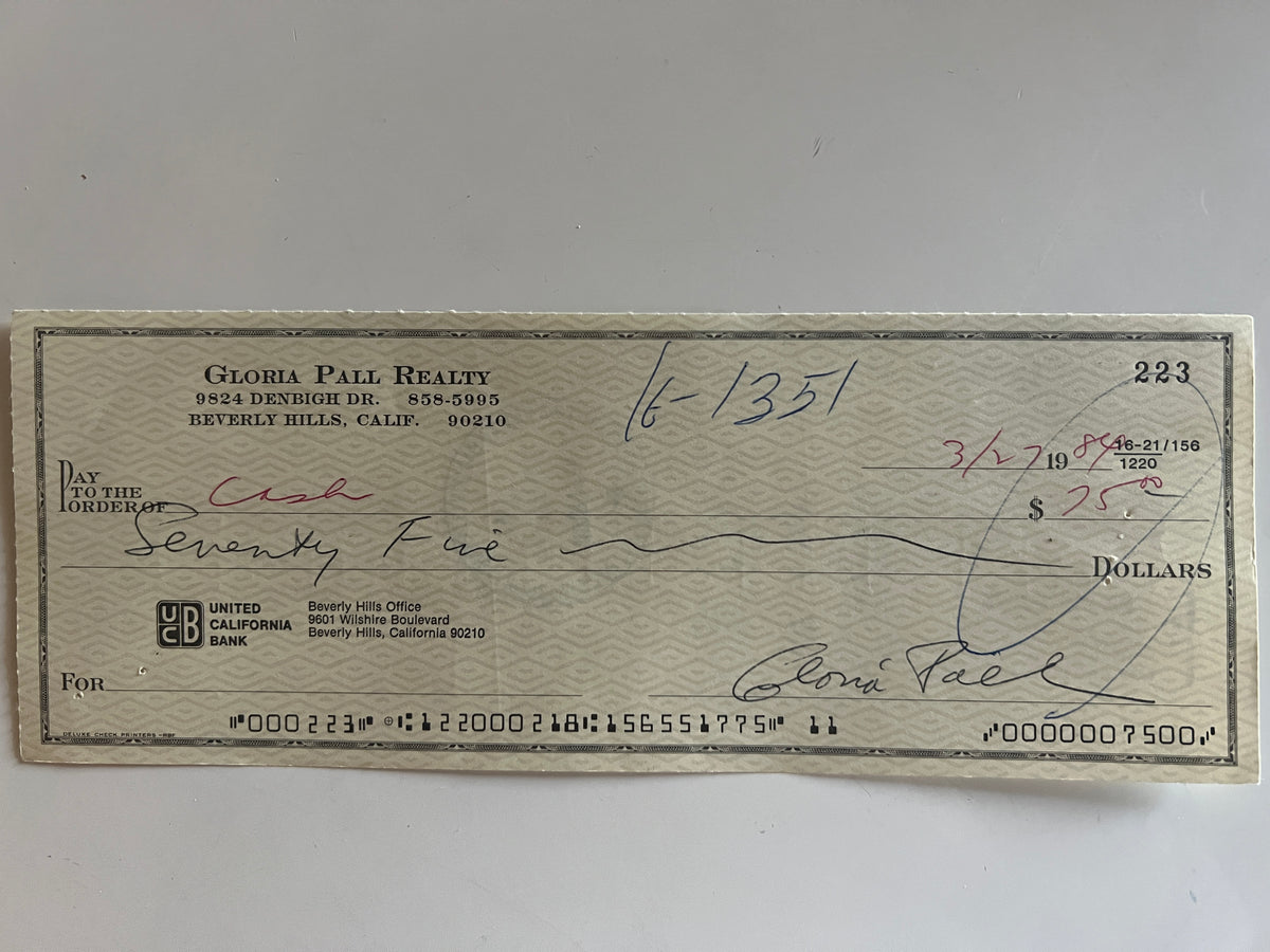 Gloria Pall signed check