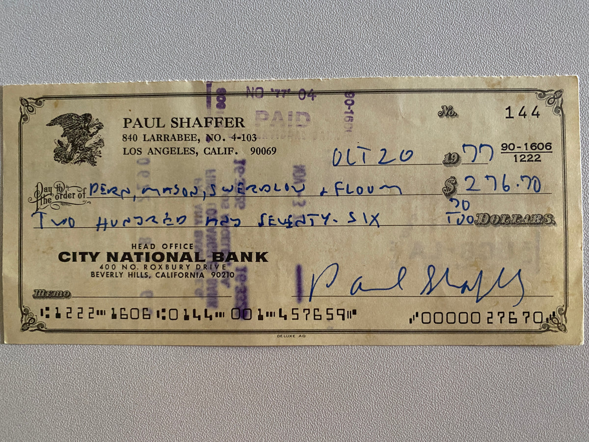 Paul Shaffer signed check