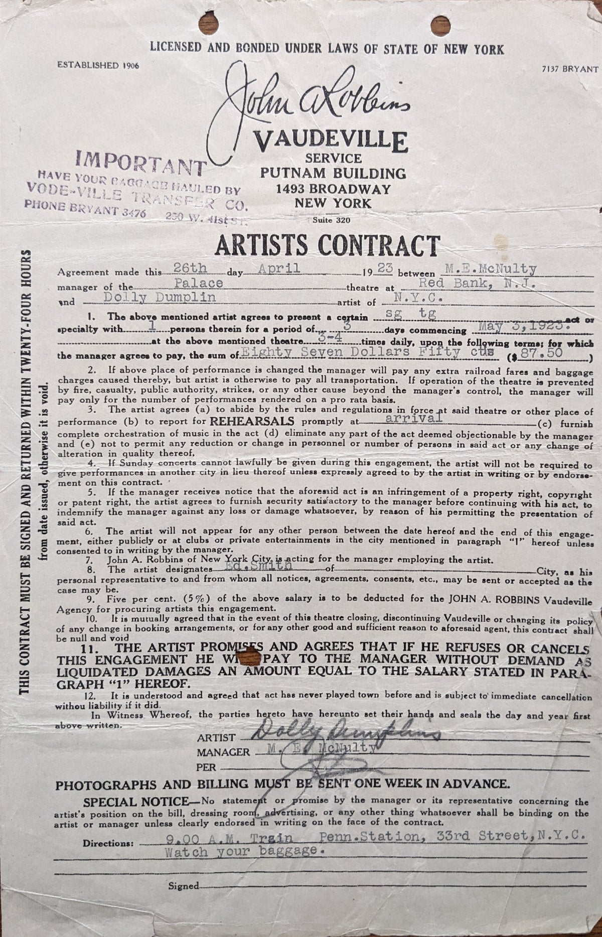 Dolly Dumplin Signed Vaudeville Artists Contract