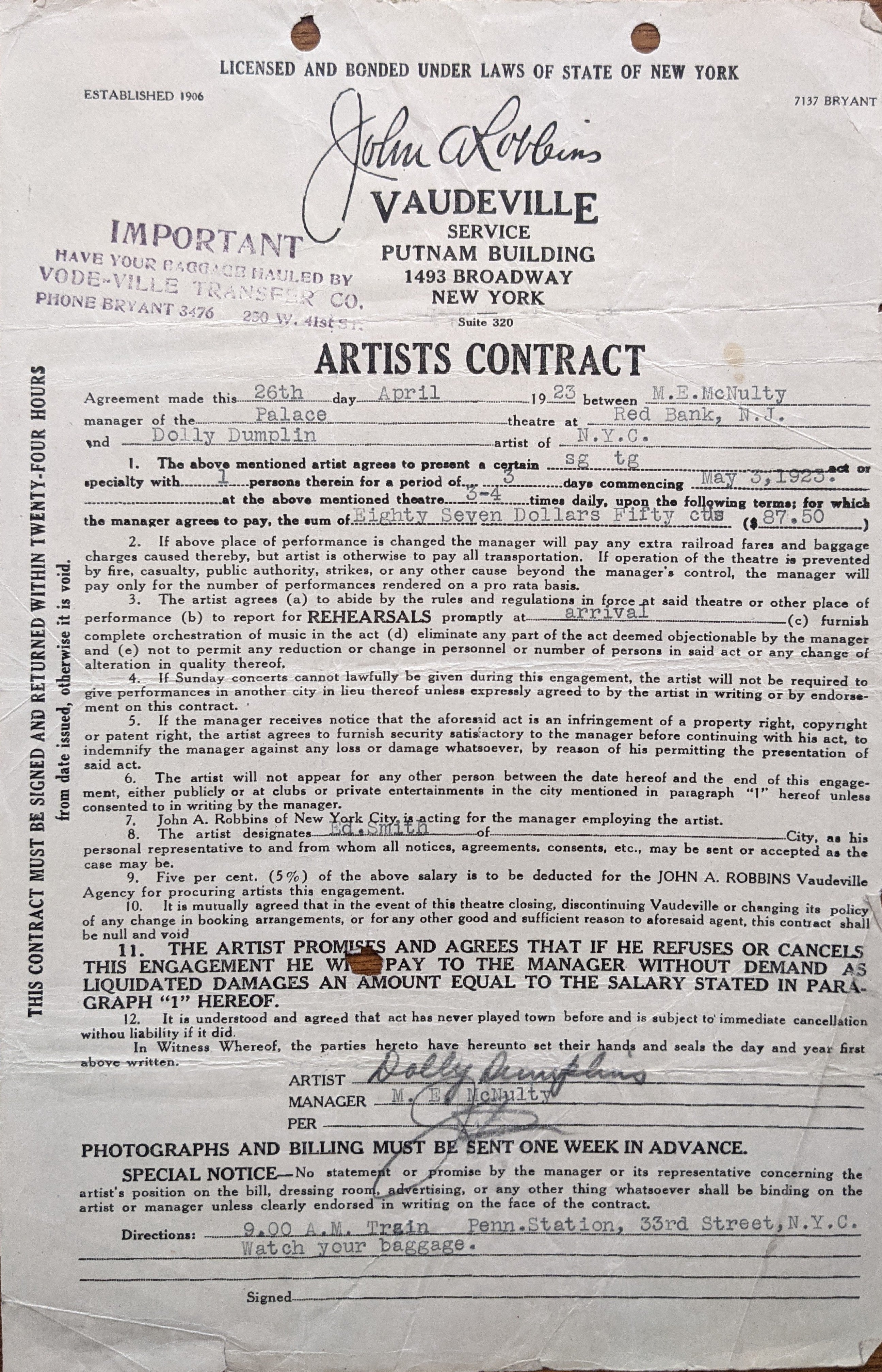 Dolly Dumplin Signed Vaudeville Artists Contract