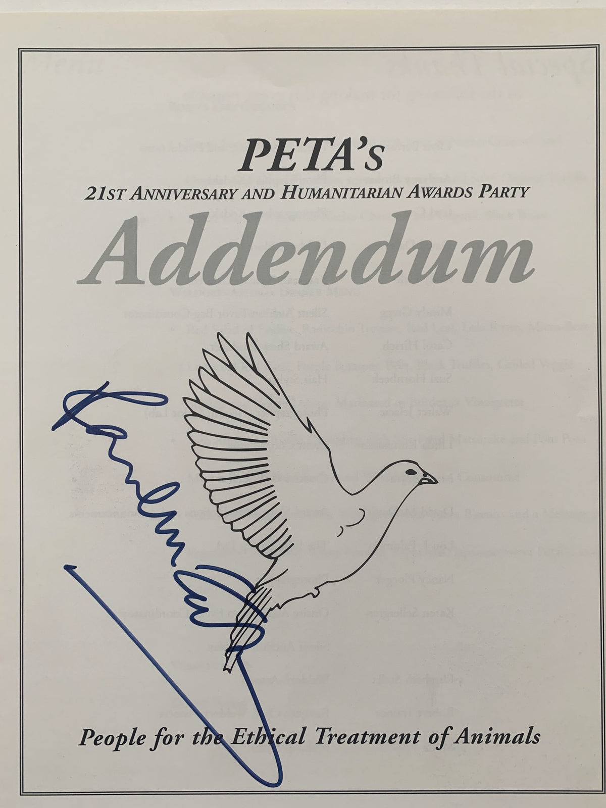 Peta 21st Anniversary & Awards Party Paul McCartney signed Addendum