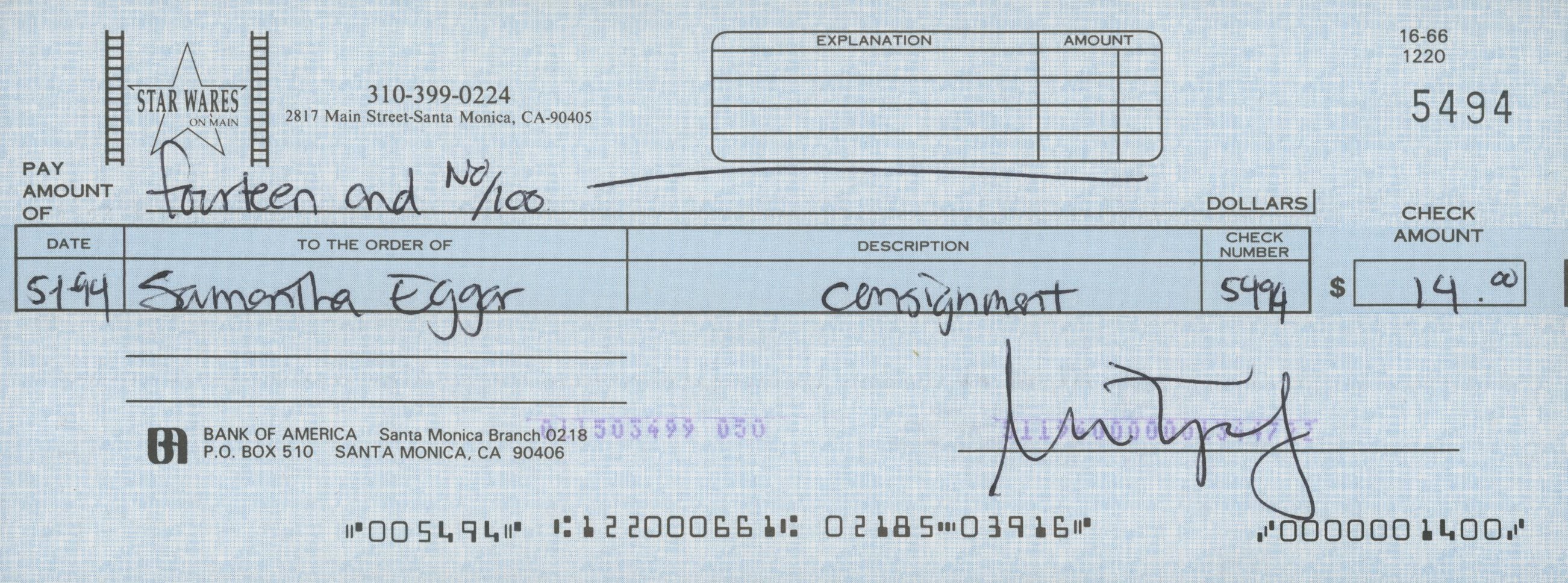 Samantha Eggar signed check