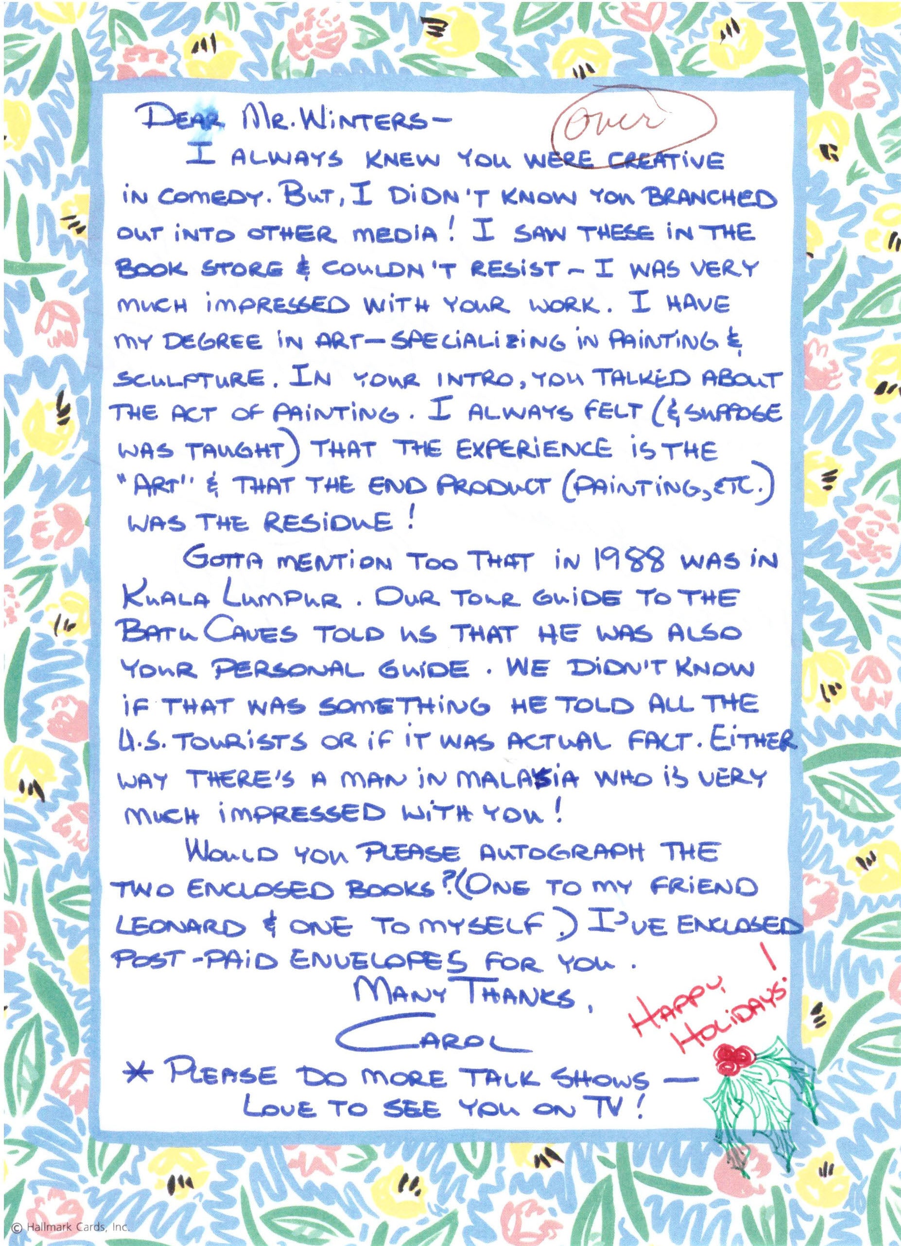 Comedian Jonathan Winters signed personal letter