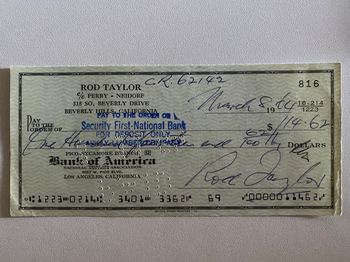 Rod Taylor signed check