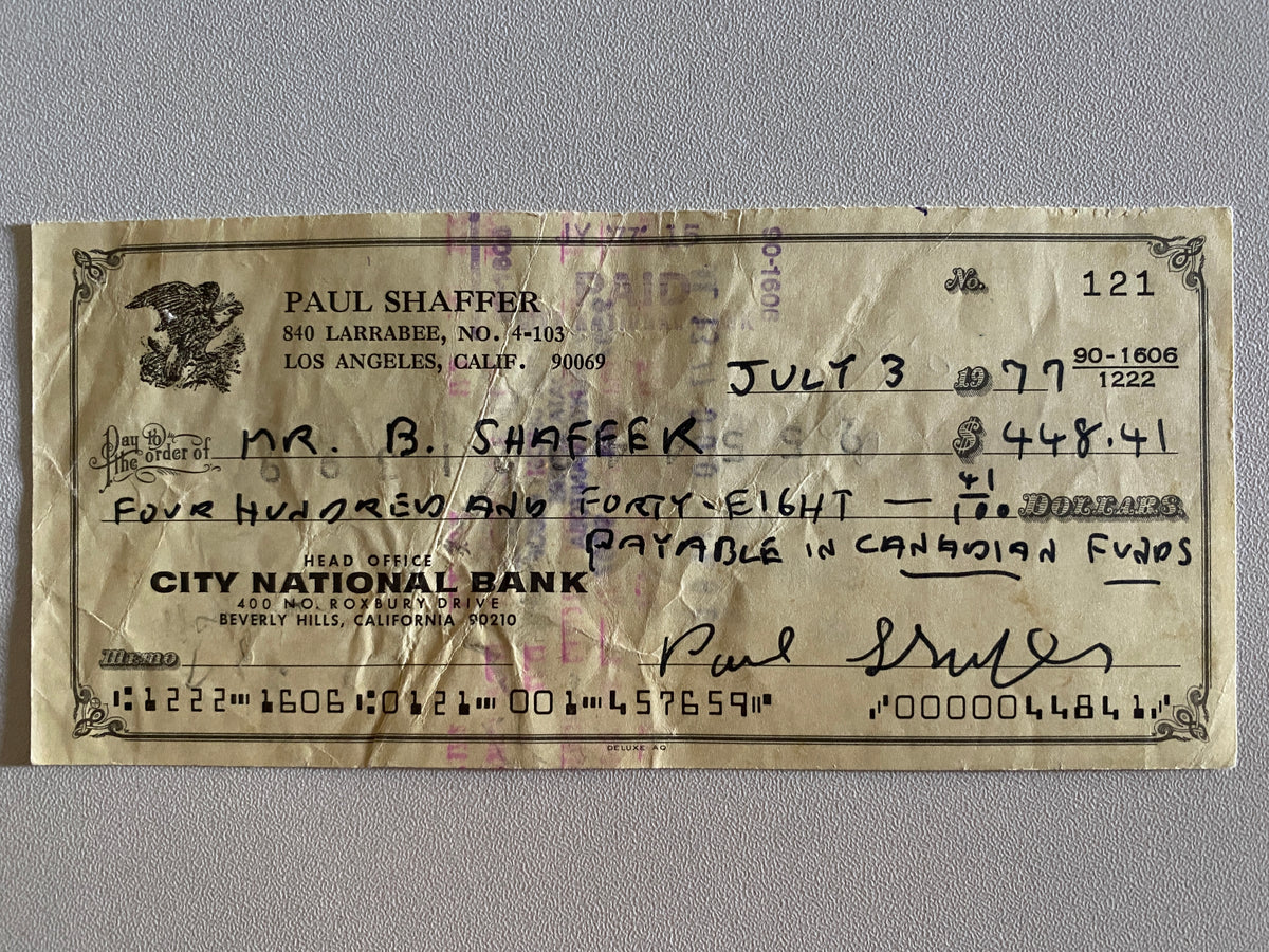 Paul Shaffer signed check