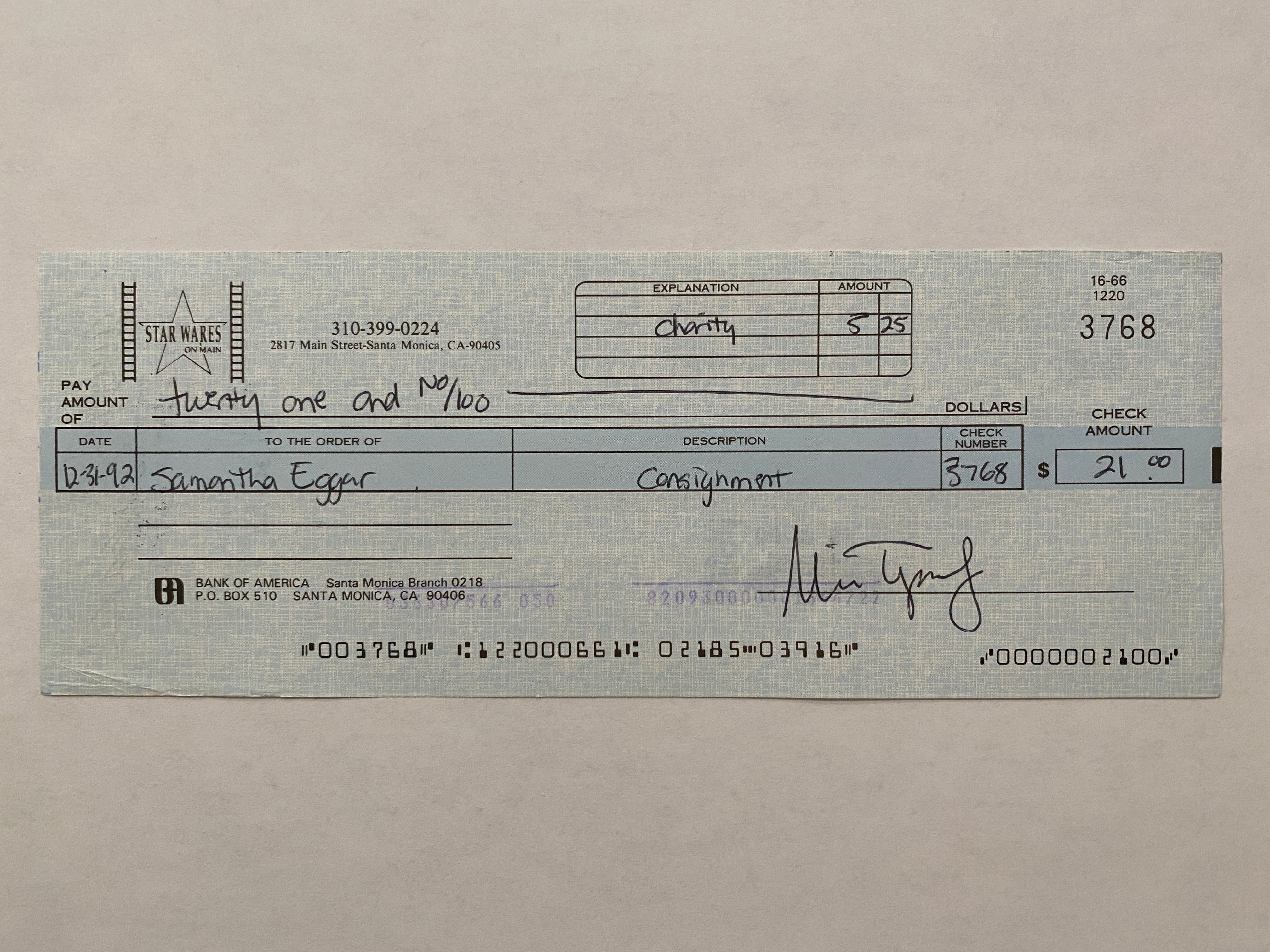 Samantha Eggar Star Wares consignment signed check