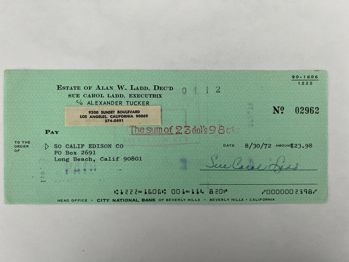 Sue Carol Ladd signed check