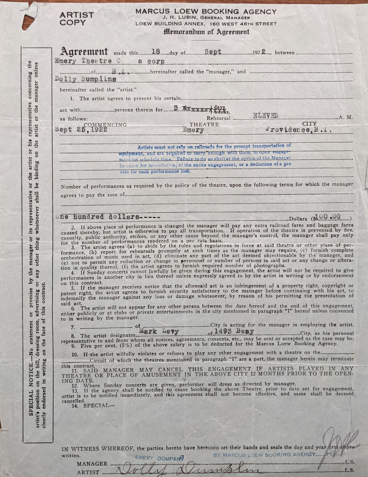 Dolly Dumplin Signed Contract