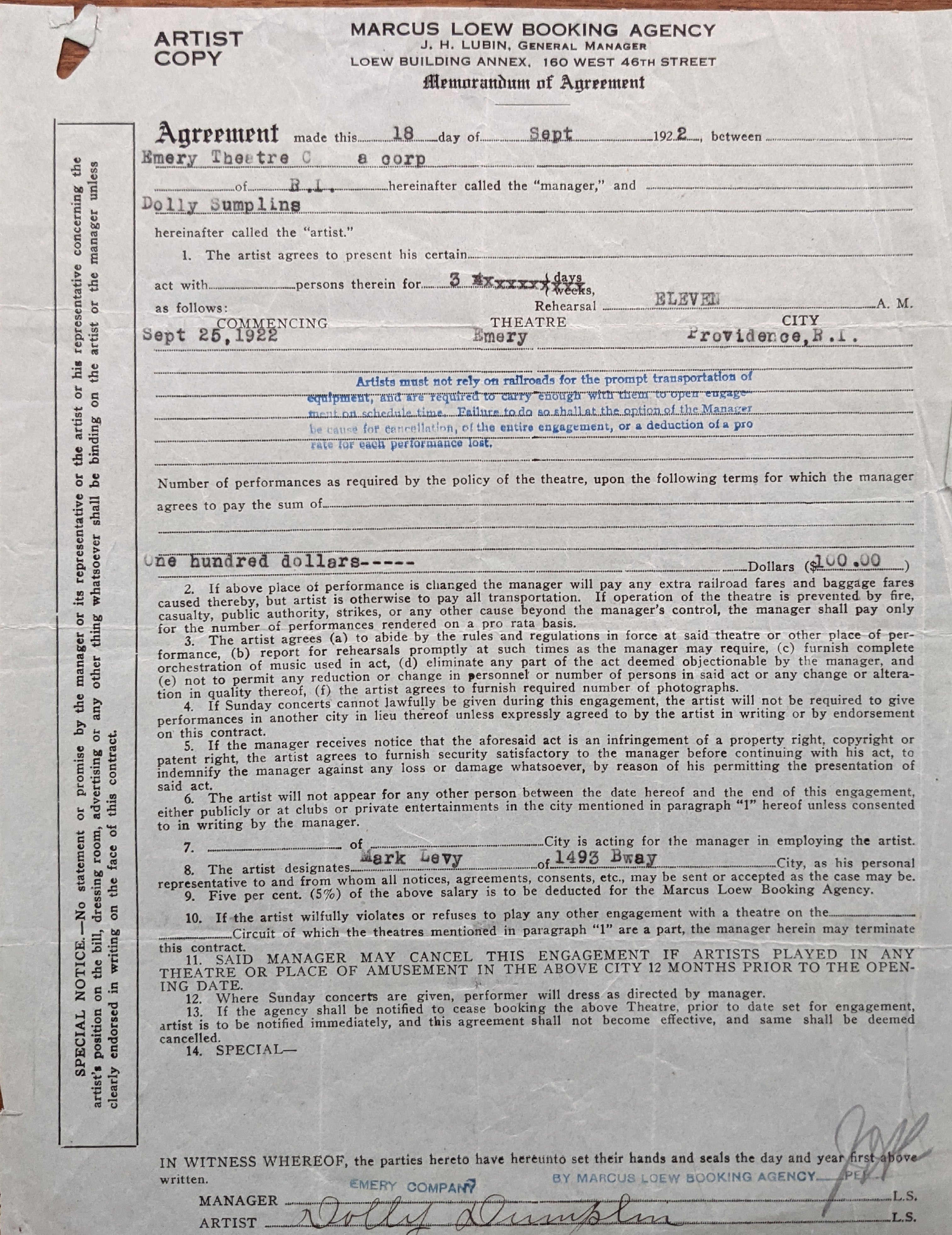 Dolly Dumplin Signed Contract