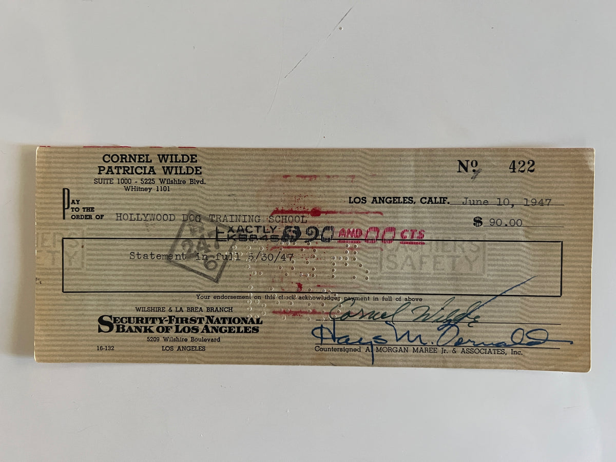 Cornel Wilde signed check