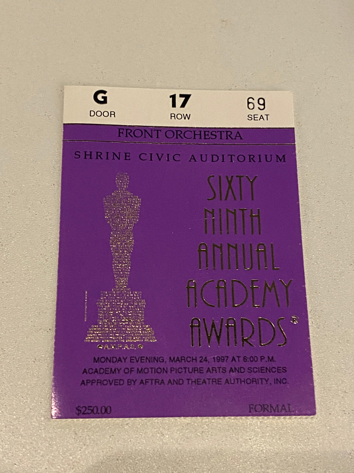 Original 1997 Admission Ticket to 69th Annual Academy Awards