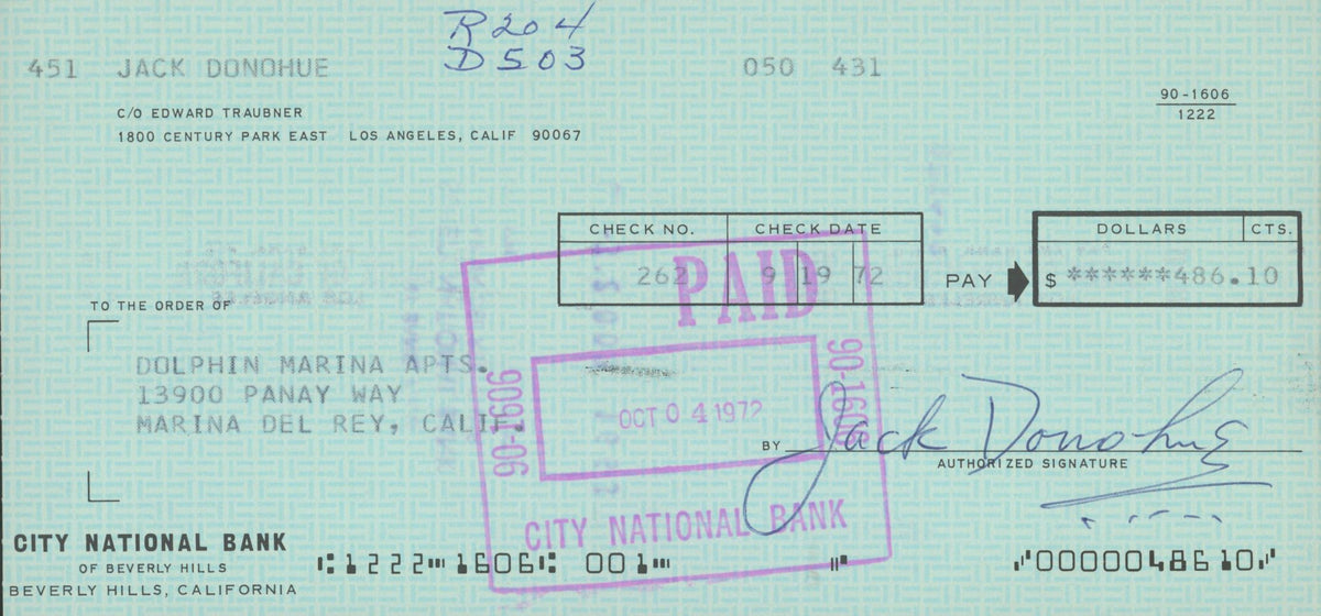 Jack Donohue signed check